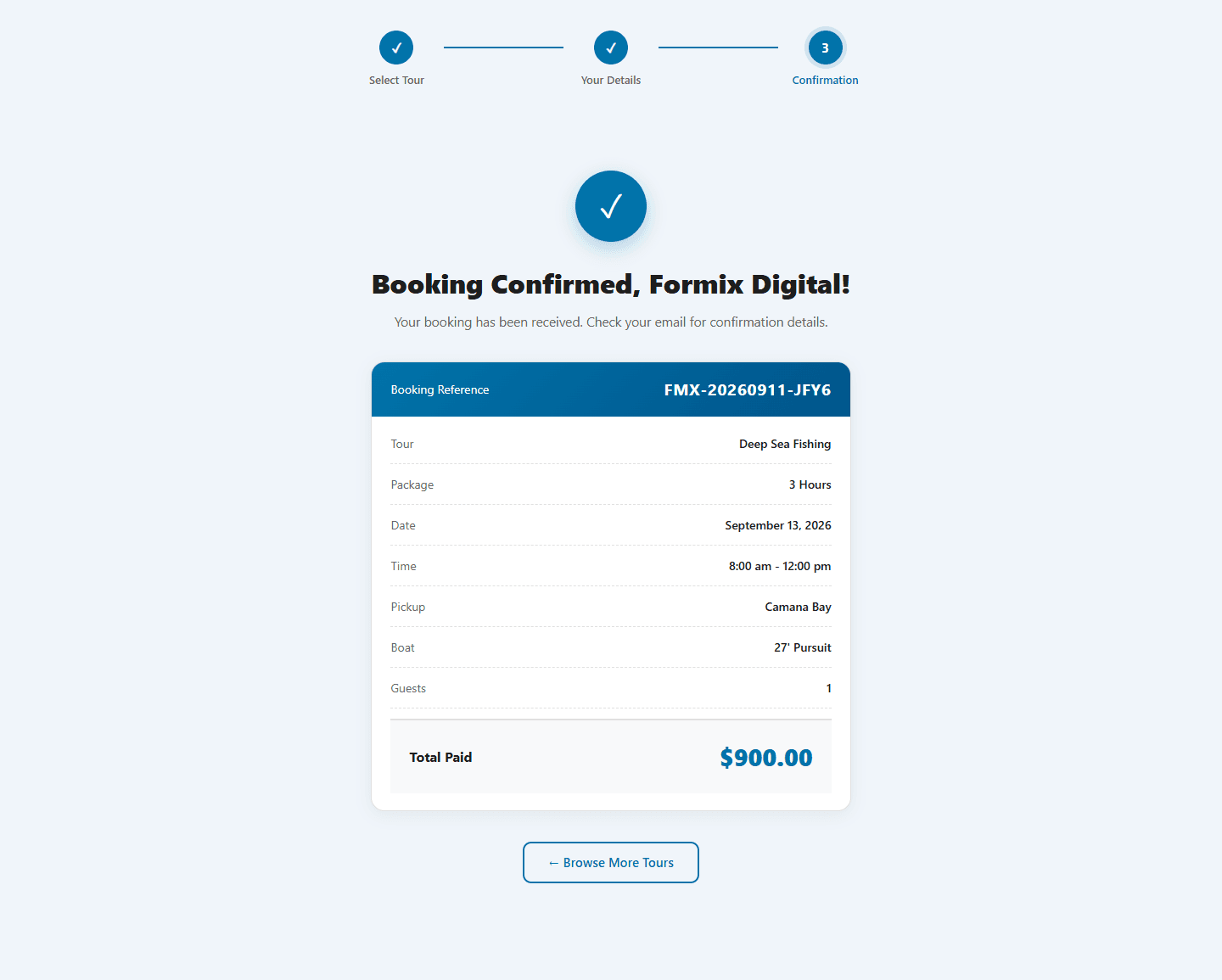 Formix Charter booking confirmation page with booking reference
