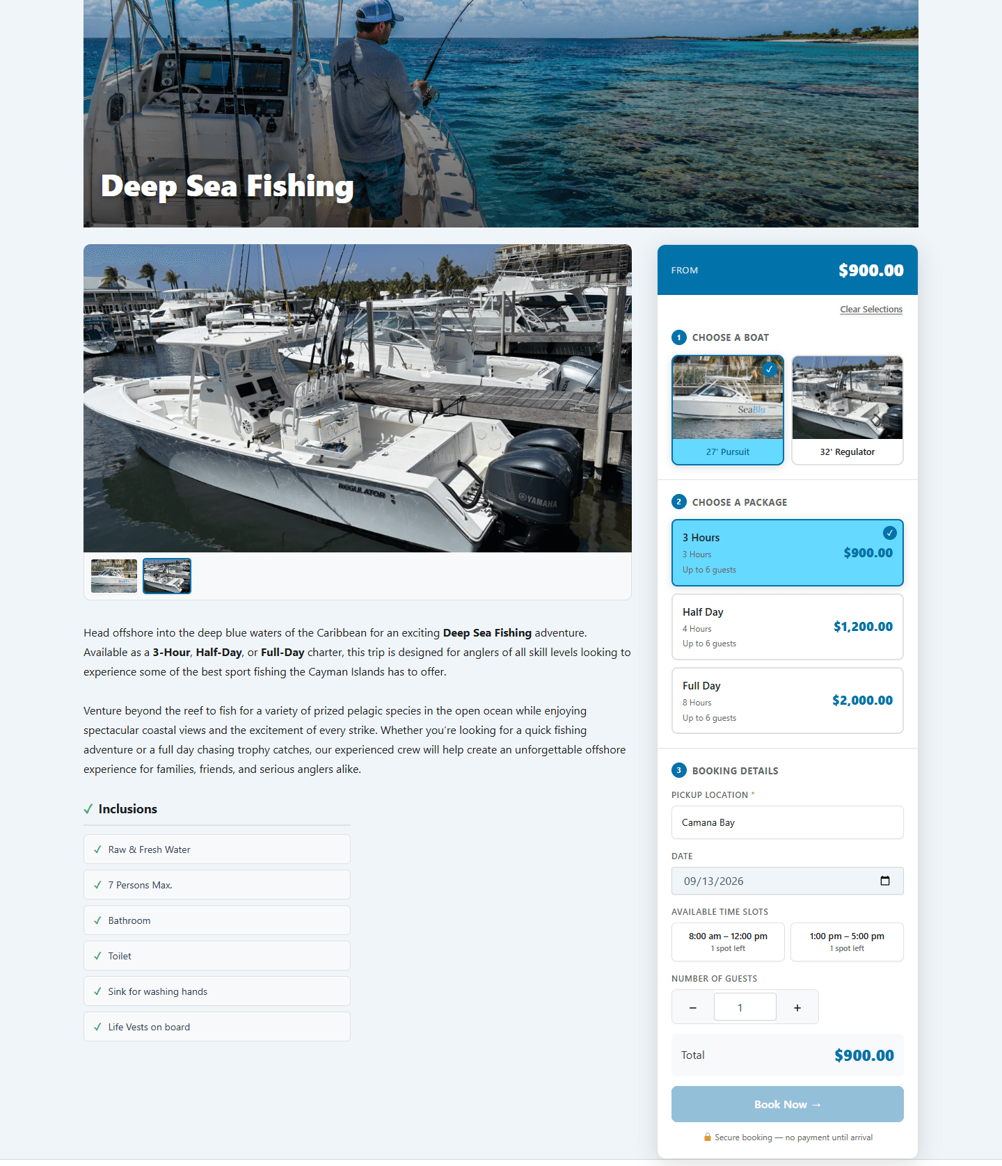 Formix Charter tour detail page with boat and package selection