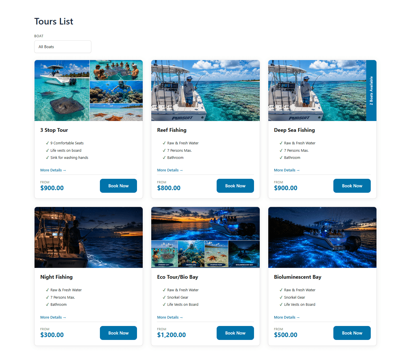 Formix Charter tour list page with boat filter